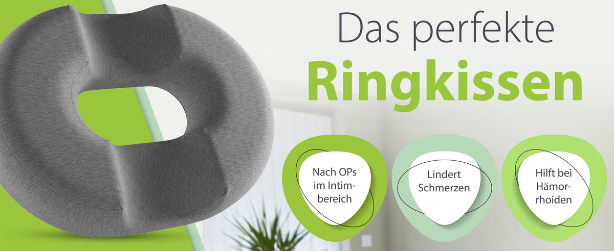 Ein dunkelgraues orthopädisches Ringkissen wird als 'Das perfekte Ringkissen' beworben, geeignet für die Anwendung nach Operationen im Intimbereich, zur Schmerzlinderung und als Hilfe bei Hämorrhoiden.