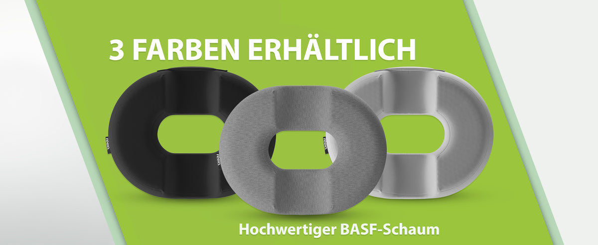 Drei orthopädische Ringkissen von feela in den verfügbaren Farben Schwarz, Dunkelgrau und Silber, alle aus hochwertigem BASF-Schaum, werden präsentiert.
