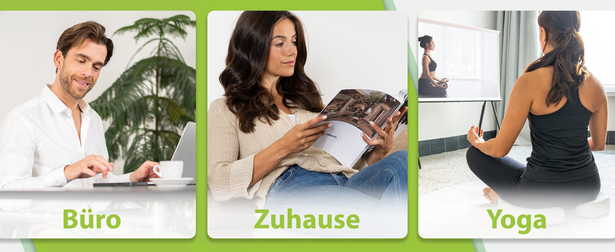 Drei Personen zeigen die Flexibilität des orthopädischen Ringkissens in verschiedenen Szenarien: Ein Mann im 'Büro' arbeitet am Laptop, eine Frau 'Zuhause' liest ein Magazin, und eine andere Person praktiziert 'Yoga', was die vielseitige Verwendung des Kissens unterstreicht.