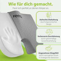 ergonomische Sitzkissen von feela, mit Schwerpunkt auf personalisierter Anpassung an den Körper, Unterstützung einer aufrechten Sitzhaltung, verbesserter Durchblutung durch Gewichtsverteilung und angenehmem Sitzgefühl.